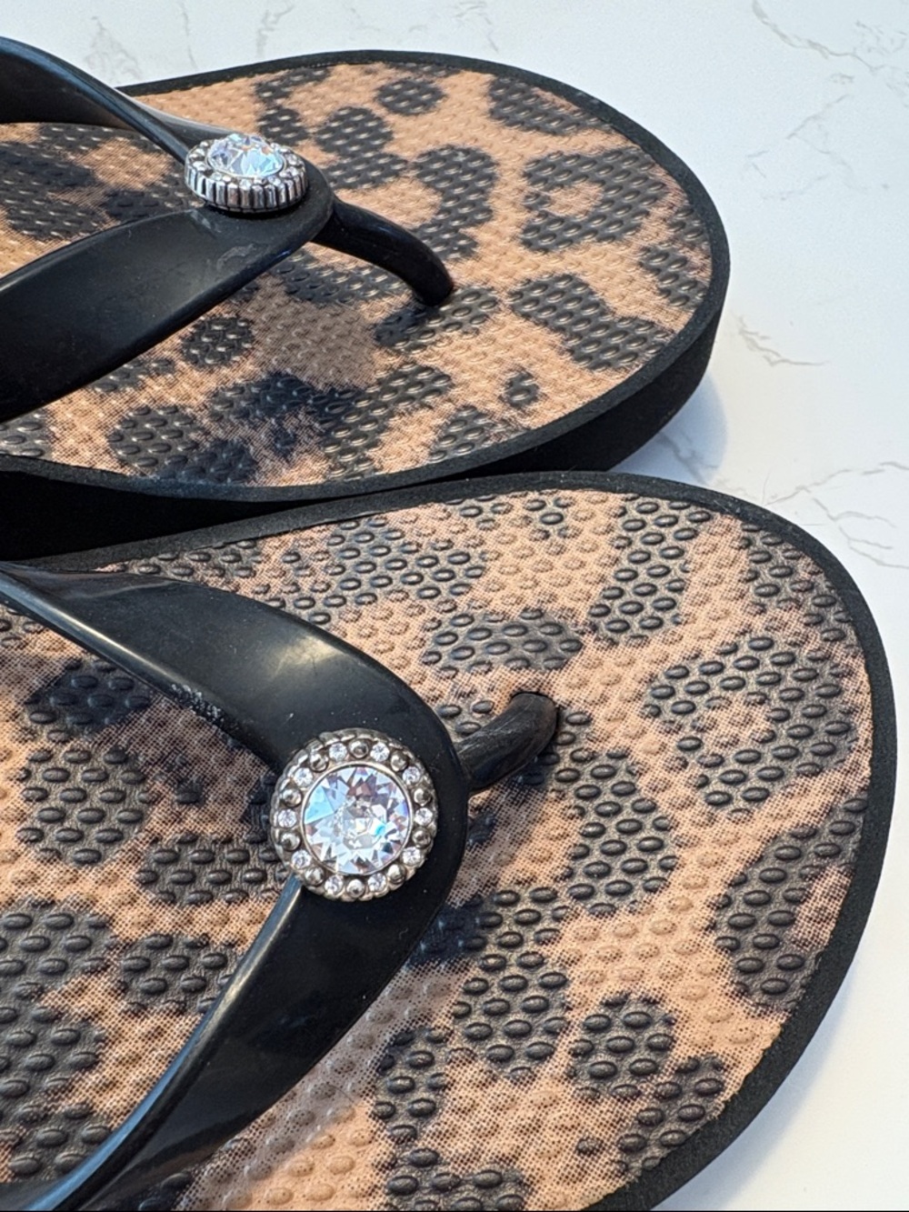 Brighton Leopard Print Wedge Sandals with Rhinestone Detail - Black/Beige- 8? - Picture 3 of 7